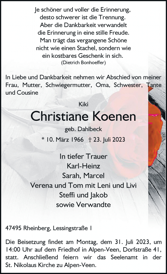 Traueranzeige von Christiane Koenen von Rheinische Post