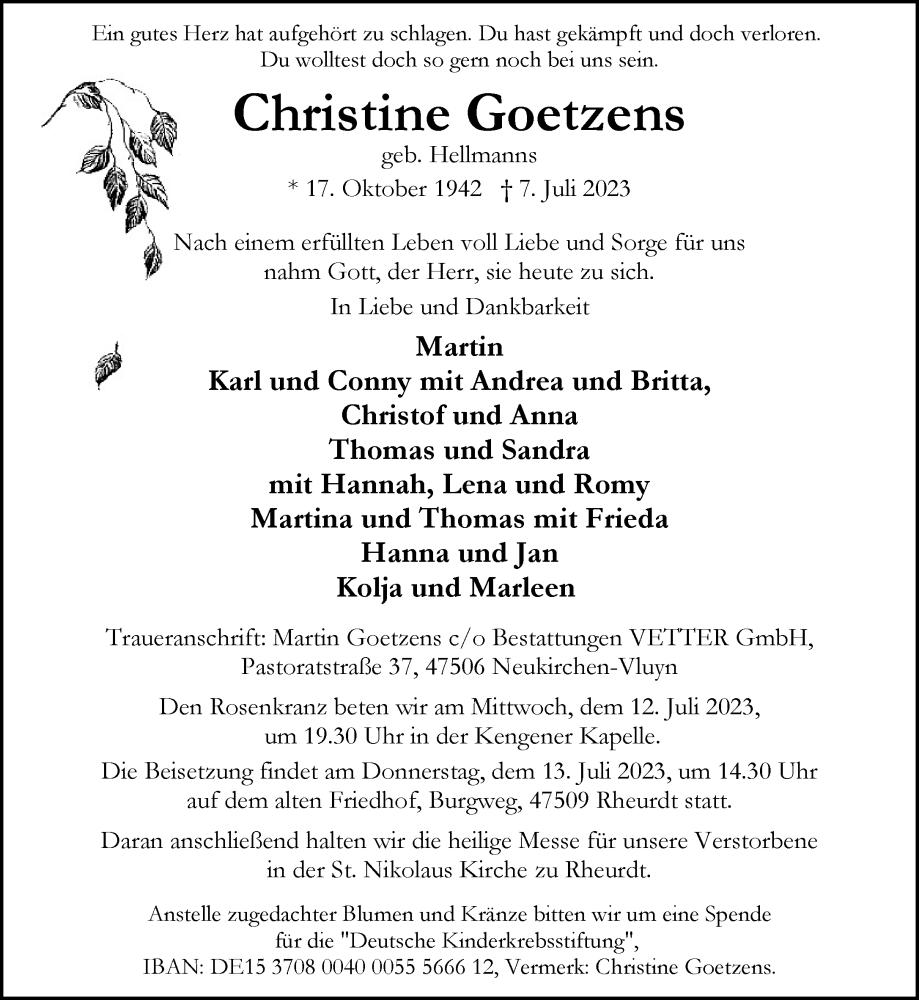  Traueranzeige für Christine Goetzens vom 11.07.2023 aus Rheinische Post