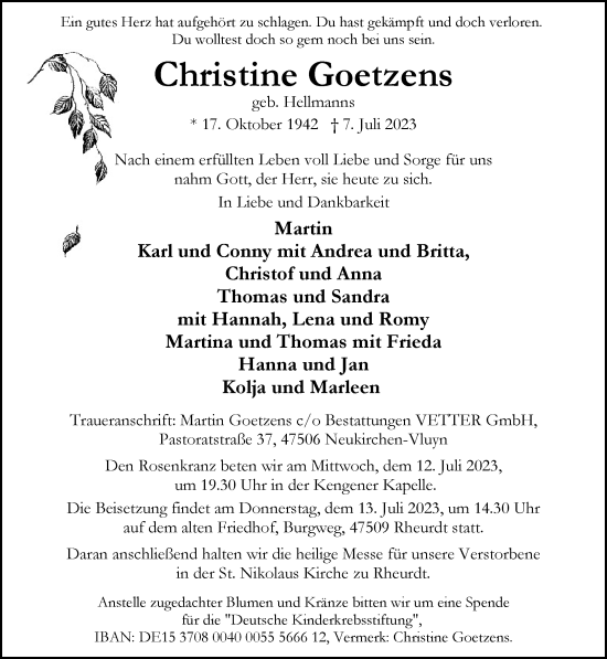 Traueranzeige von Christine Goetzens von Rheinische Post