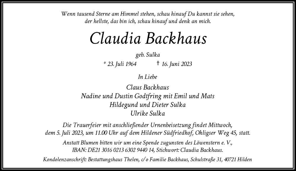  Traueranzeige für Claudia Backhaus vom 01.07.2023 aus Rheinische Post