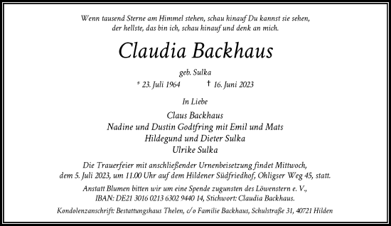 Traueranzeige von Claudia Backhaus von Rheinische Post