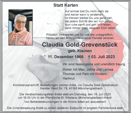 Traueranzeige von Claudia Gold-Grevenstück von Rheinische Post