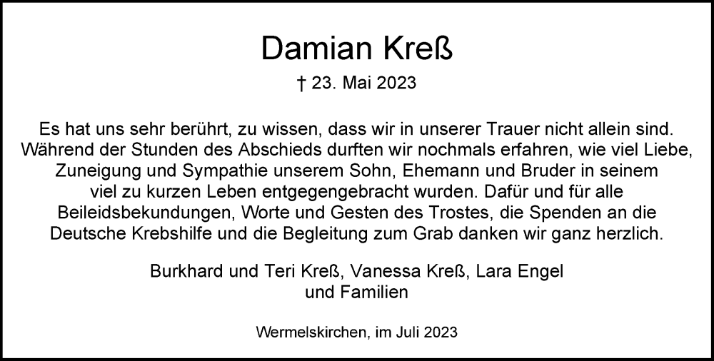  Traueranzeige für Damian Kreß vom 22.07.2023 aus Rheinische Post