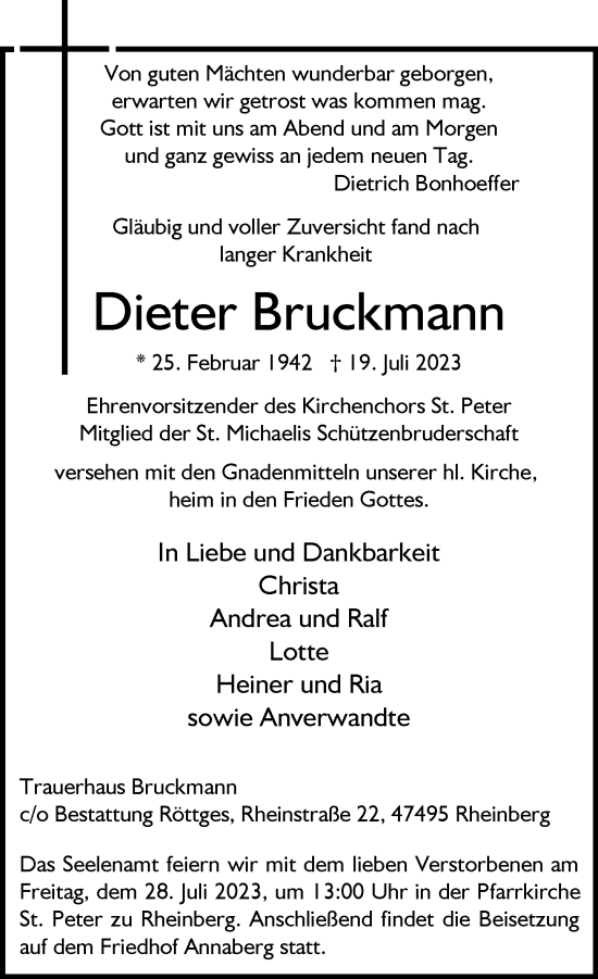 Traueranzeige von Dieter Bruckmann von Rheinische Post