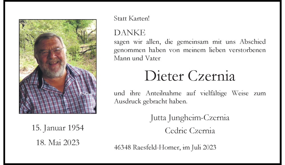  Traueranzeige für Dieter Czernia vom 12.07.2023 aus Rheinische Post