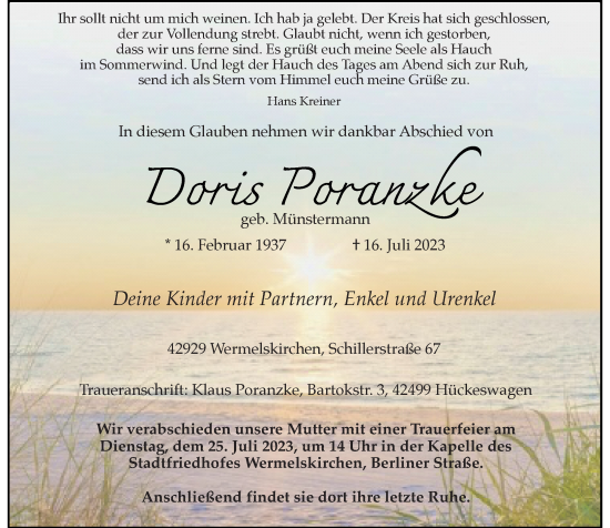 Traueranzeige von Doris Poranzke von Rheinische Post
