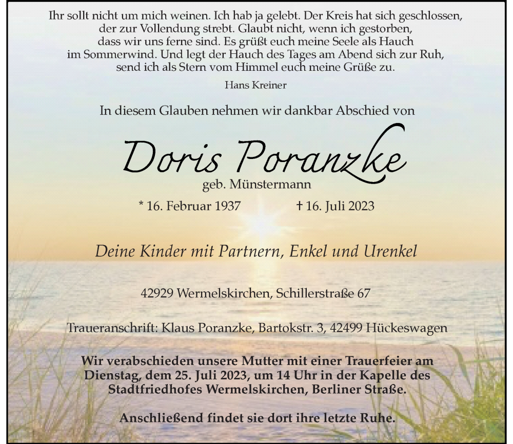  Traueranzeige für Doris Poranzke vom 22.07.2023 aus Rheinische Post