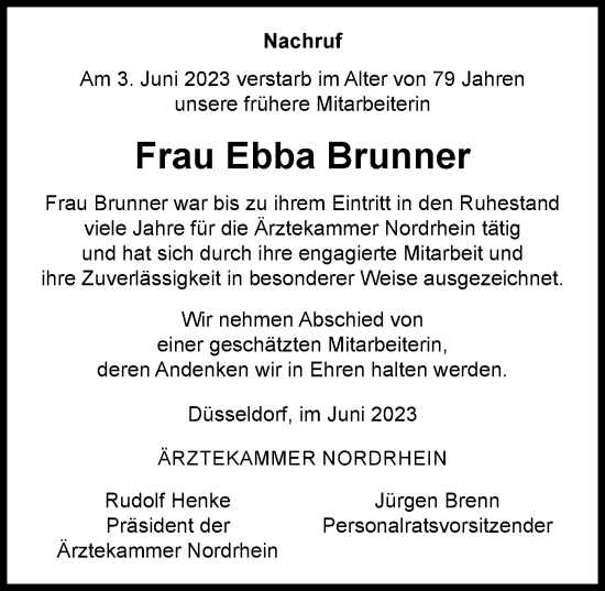Traueranzeige von Ebba Brunner von Rheinische Post
