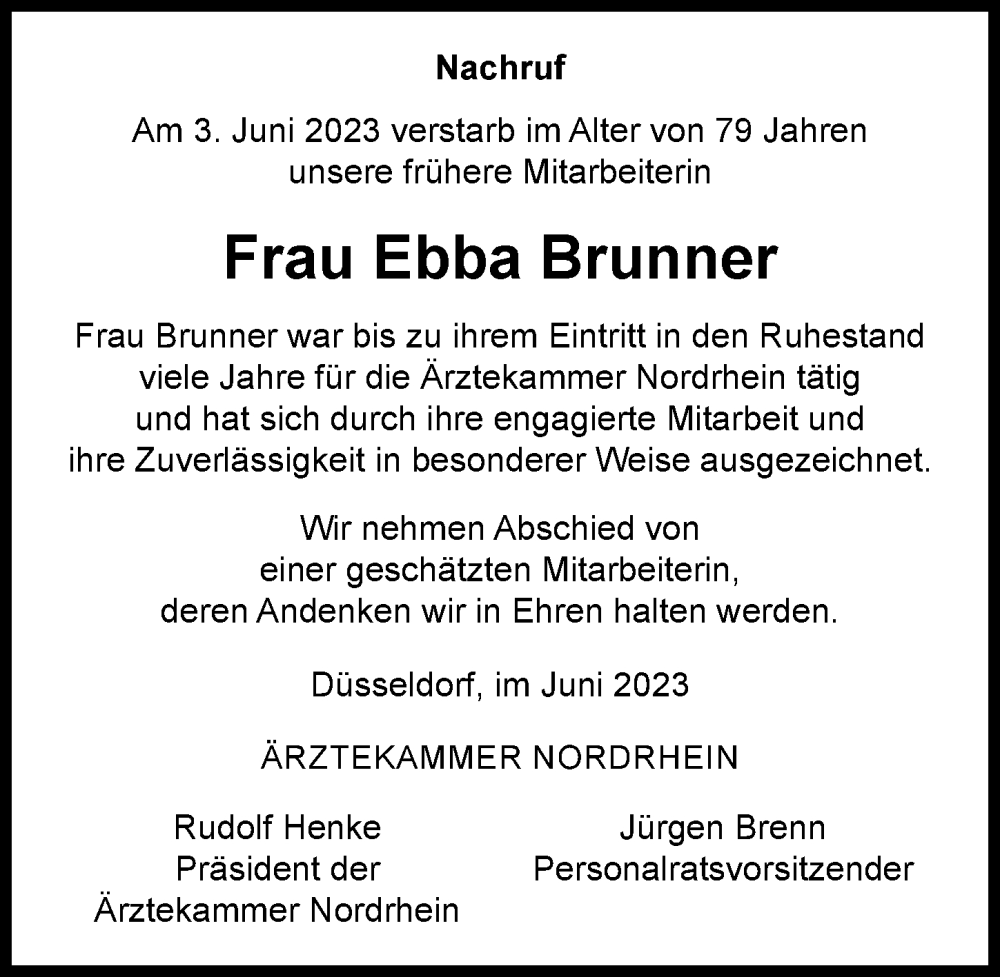  Traueranzeige für Ebba Brunner vom 01.07.2023 aus Rheinische Post