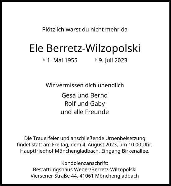 Traueranzeige von Ele Berretz-Wilzopolski von Rheinische Post