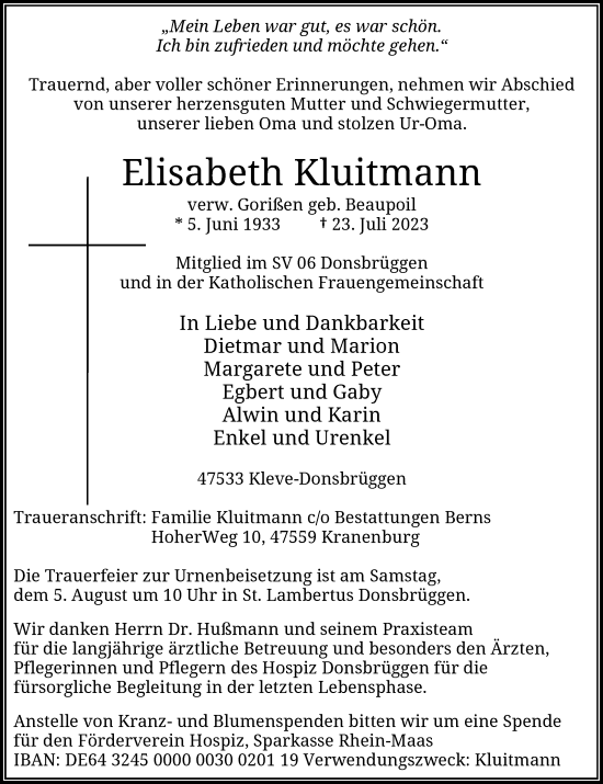 Traueranzeige von Elisabeth Kluitmann von Rheinische Post