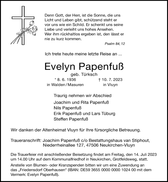 Traueranzeige von Evelyn Papenfuß von Rheinische Post