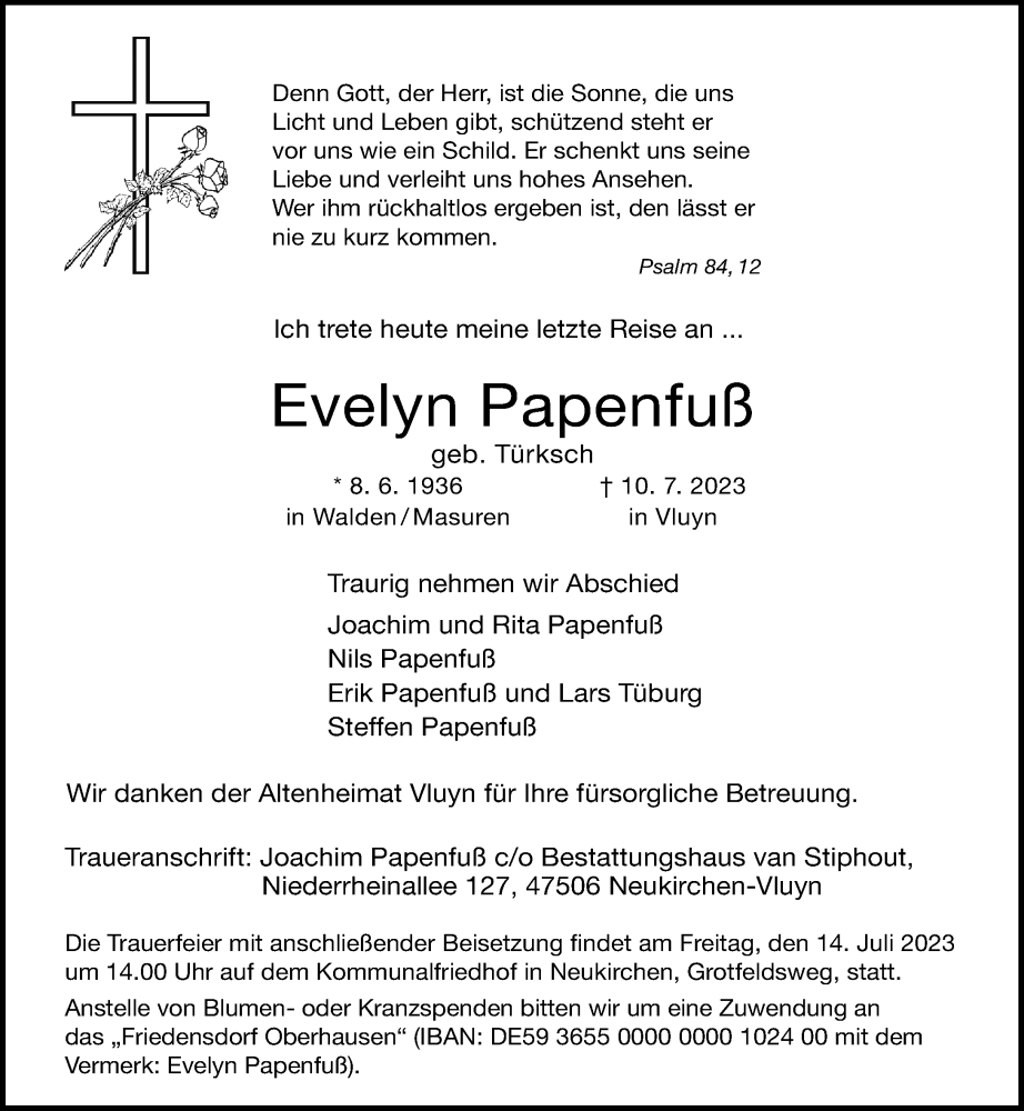  Traueranzeige für Evelyn Papenfuß vom 12.07.2023 aus Rheinische Post