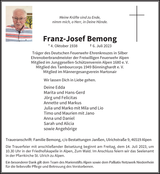 Alle Traueranzeigen Für Franz-Josef Bemong | Trauer.rp-online.de