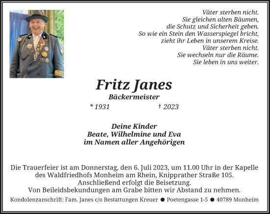 Traueranzeige von Fritz Janes von Rheinische Post