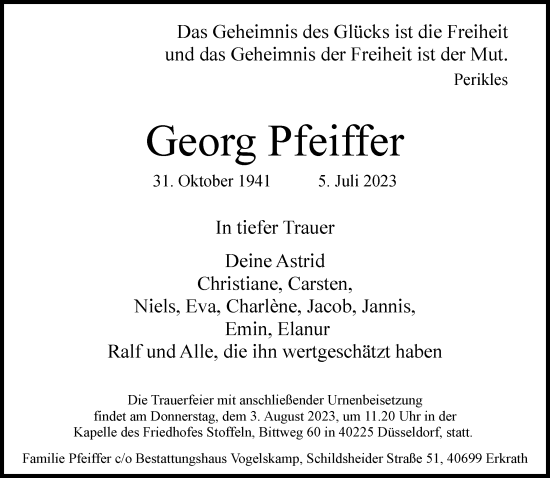 Traueranzeige von Georg Pfeiffer von Rheinische Post