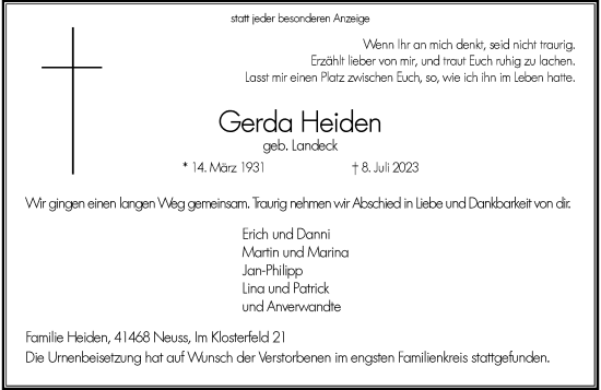Traueranzeige von Gerda Heiden von Rheinische Post