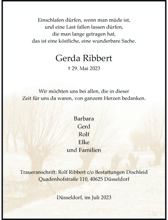 Traueranzeige von Gerda Ribbert von Rheinische Post