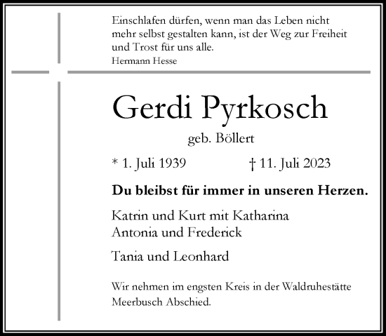 Traueranzeige von Gerdi Pyrkosch von Rheinische Post