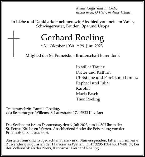 Traueranzeige von Gerhard Roeling von Rheinische Post