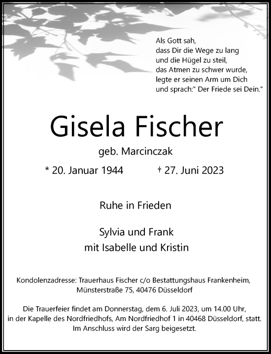 Traueranzeige von Gisela Fischer von Rheinische Post