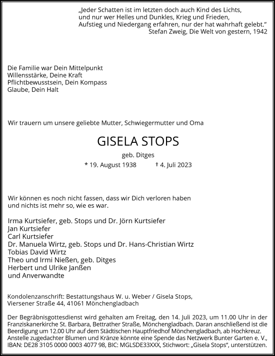 Traueranzeige von Gisela Stops von Rheinische Post