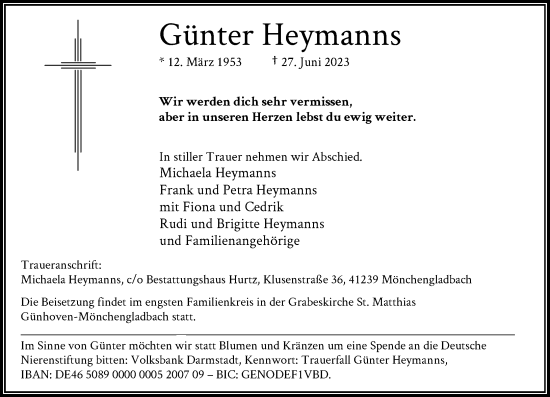 Traueranzeige von Günter Heymanns von Rheinische Post