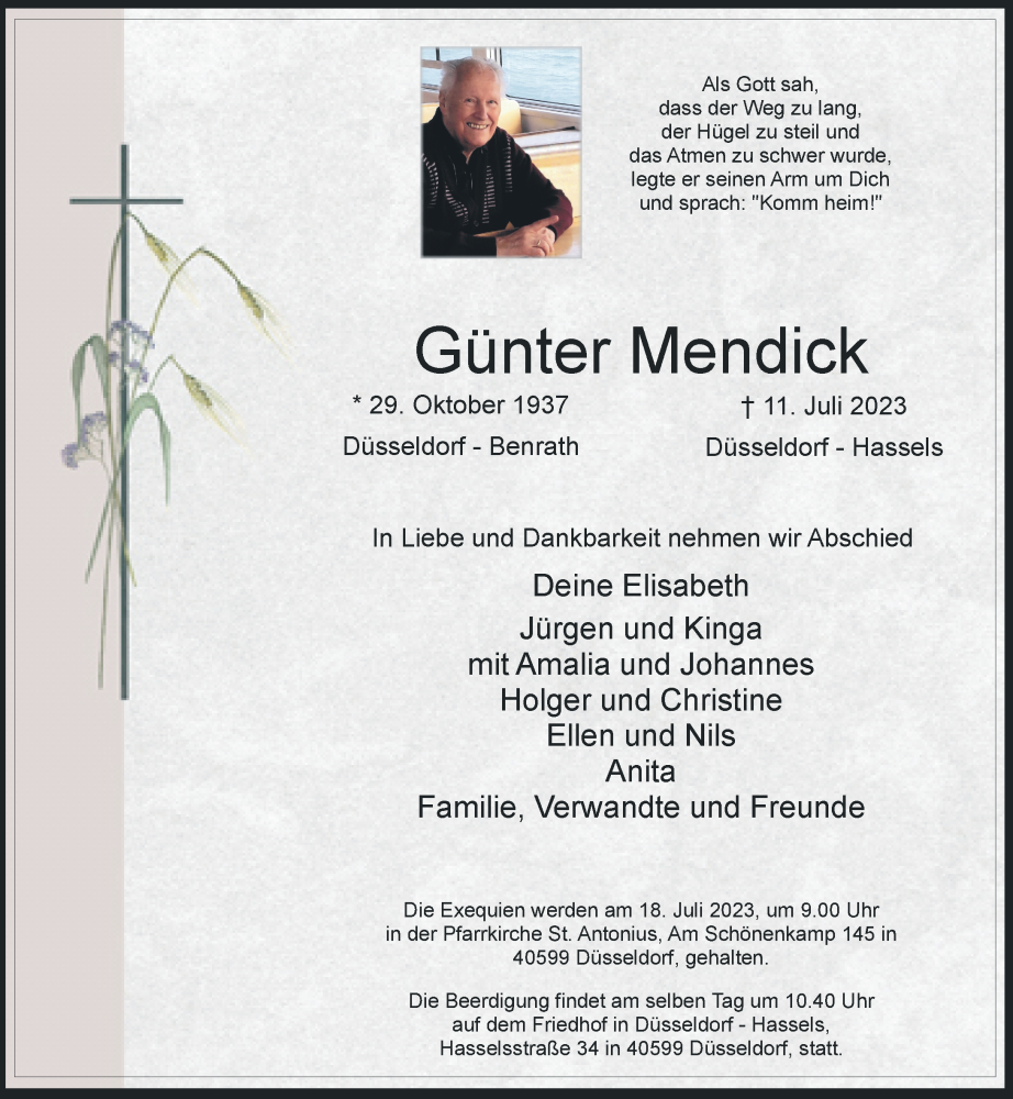  Traueranzeige für Günter Mendick vom 15.07.2023 aus Rheinische Post
