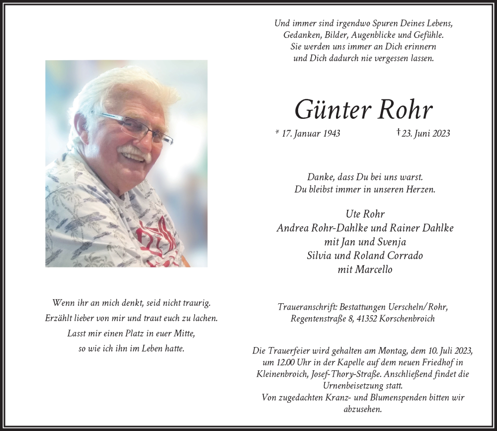  Traueranzeige für Günter Rohr vom 01.07.2023 aus Rheinische Post