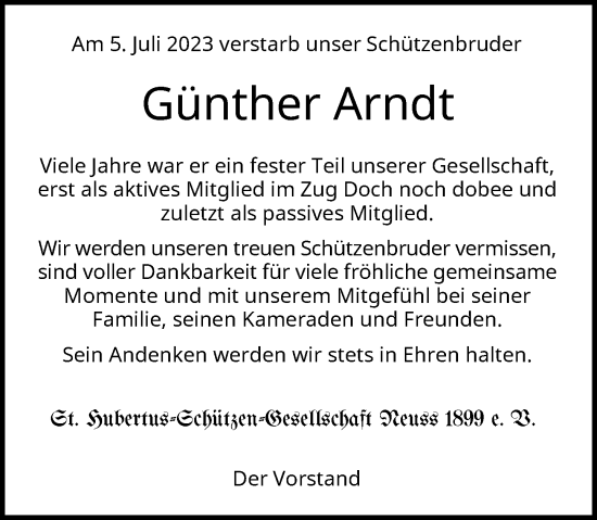 Traueranzeige von Günther Arndt von Rheinische Post