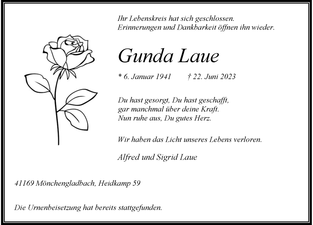  Traueranzeige für Gunda Laue vom 08.07.2023 aus Rheinische Post