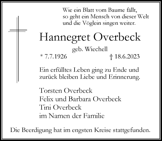 Traueranzeige von Hannegret Overbeck von Rheinische Post