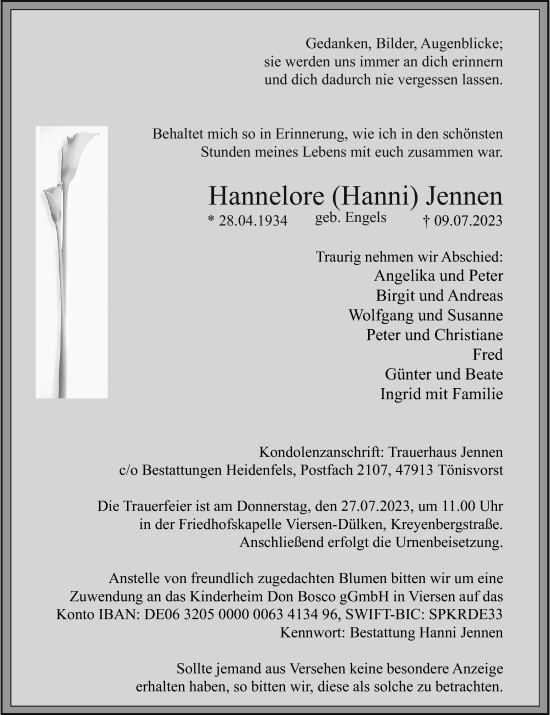 Traueranzeige von Hannelore Jennen von Rheinische Post