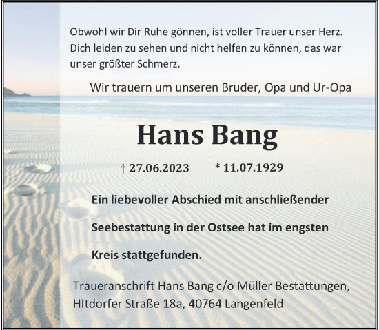 Traueranzeige von Hans Bang von Rheinische Post