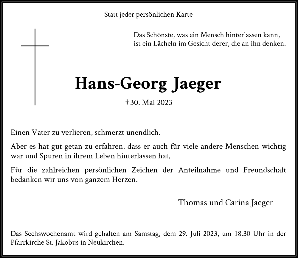  Traueranzeige für Hans-Georg Jaeger vom 22.07.2023 aus Rheinische Post