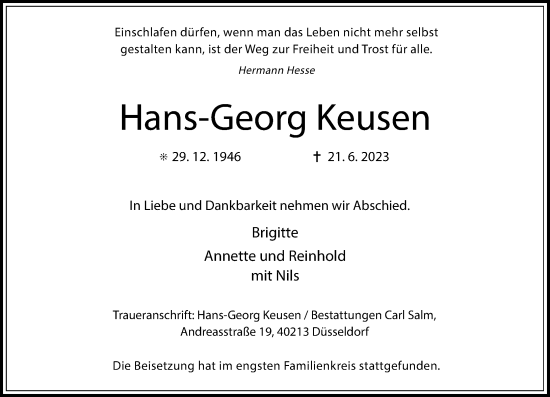 Traueranzeige von Hans-Georg Keusen von Rheinische Post