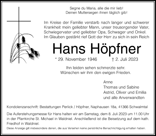 Traueranzeige von Hans Höpfner von Rheinische Post