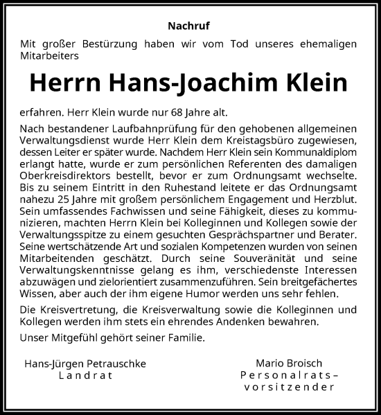 Traueranzeige von Hans-Joachim Klein von Rheinische Post
