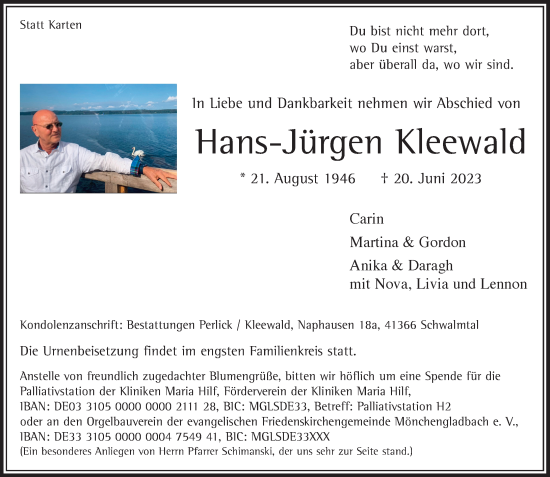 Traueranzeige von Hans-Jürgen Kleewald von Rheinische Post