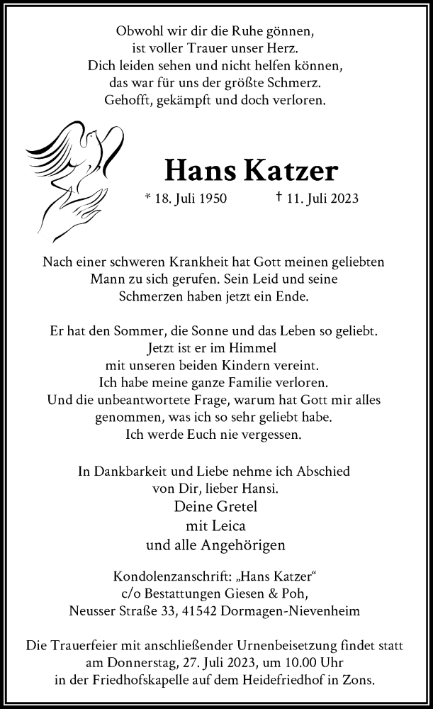 Alle Traueranzeigen für Hans Katzer | trauer.rp-online.de