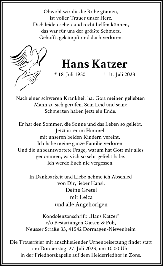 Traueranzeige von Hans Katzer von Rheinische Post