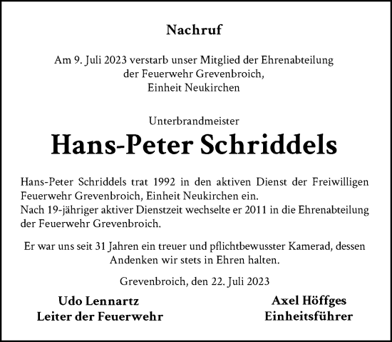Traueranzeige von Hans-Peter Schriddels von Rheinische Post