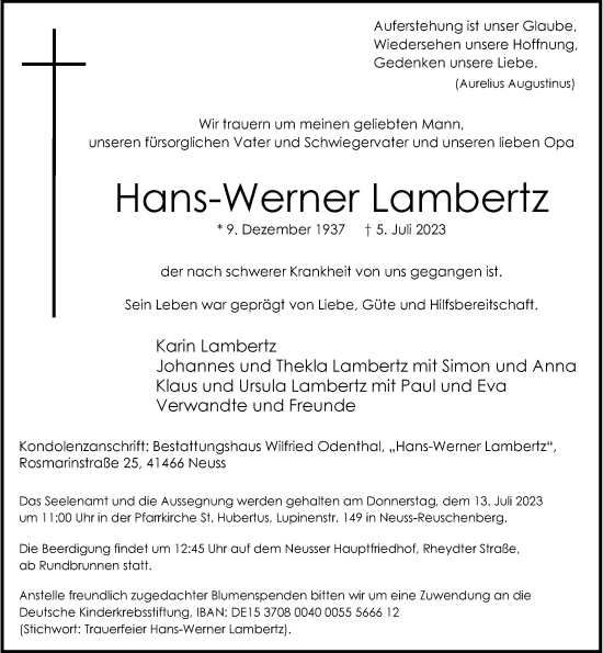 Traueranzeige von Hans-Werner Lambertz von Rheinische Post