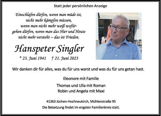 Traueranzeige von Hanspeter Singler von Rheinische Post