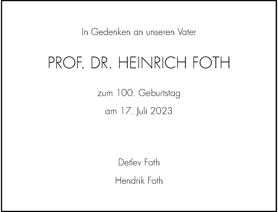 Traueranzeige von Heinrich Foth von Rheinische Post