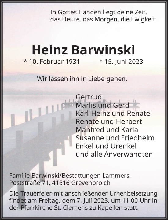 Traueranzeige von Heinz Barwinski von Rheinische Post