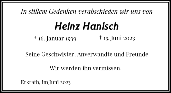 Traueranzeige von Heinz Hanisch von Rheinische Post