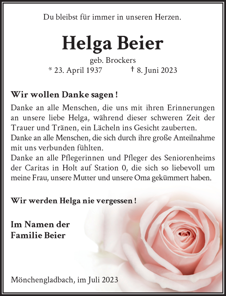  Traueranzeige für Helga Beier vom 29.07.2023 aus Rheinische Post