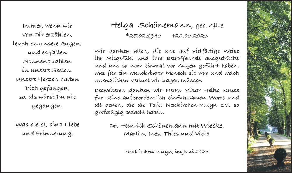  Traueranzeige für Helga Schönemann vom 01.07.2023 aus Rheinische Post