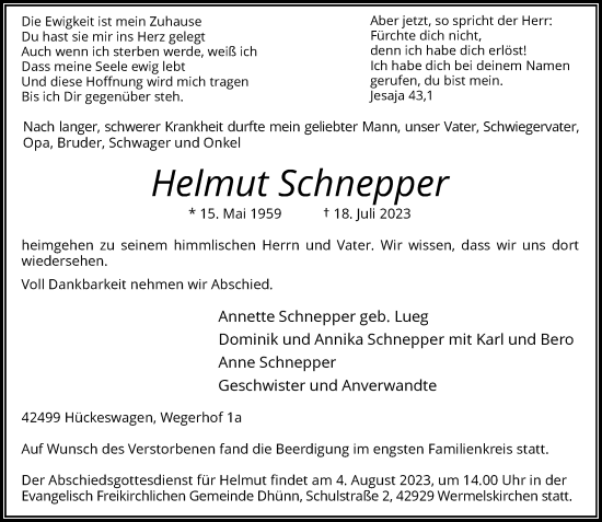 Traueranzeige von Helmut Schnepper von Rheinische Post